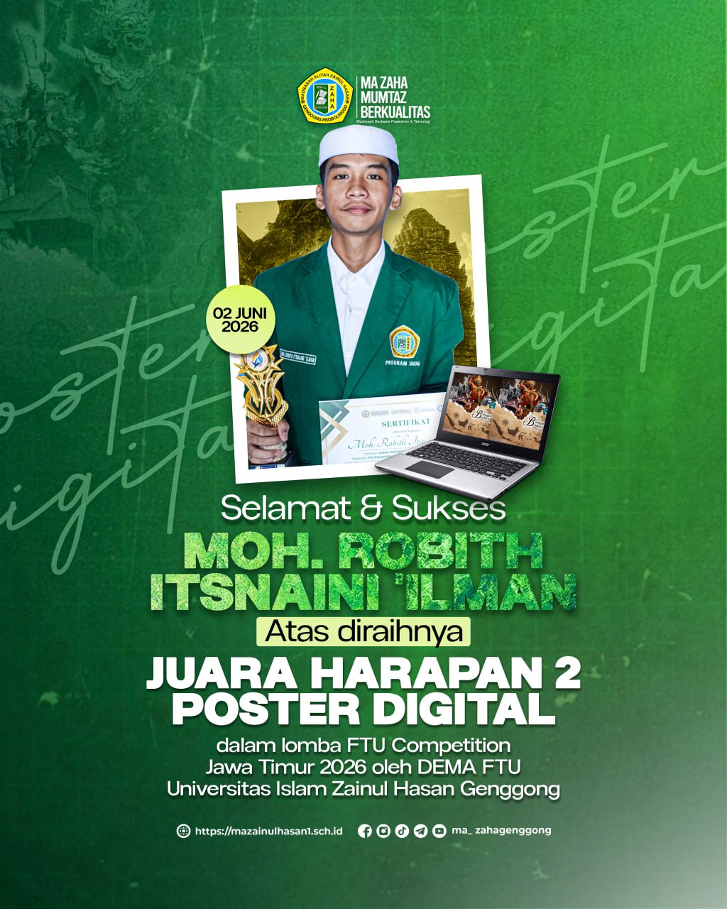 Santri MA Zaha 1 Genggong Raih Juara Harapan 2 Poster Digital pada FTU Competition Jawa Timur 2026